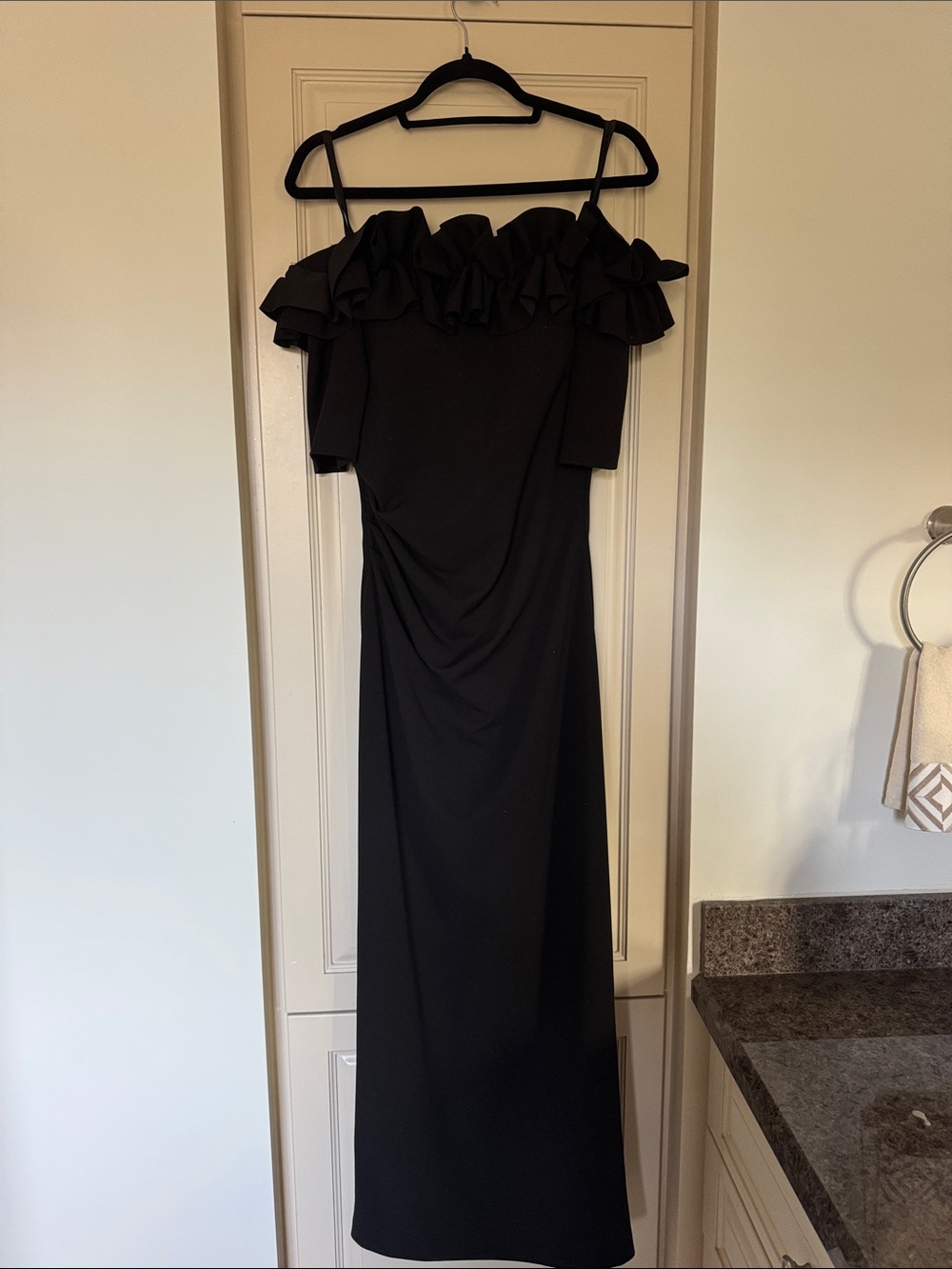 Xscape Black One-Shoulder Ruffle Evening Gown